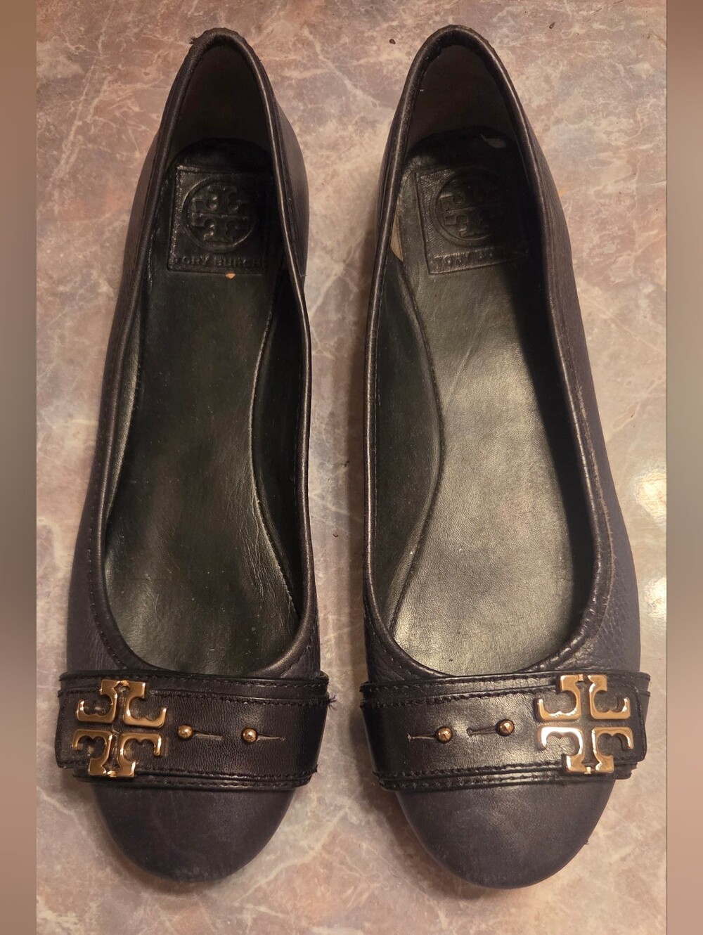 Tory Burch Black Leather Logo Cap-Toe Ballet Flats with Gold Hardware